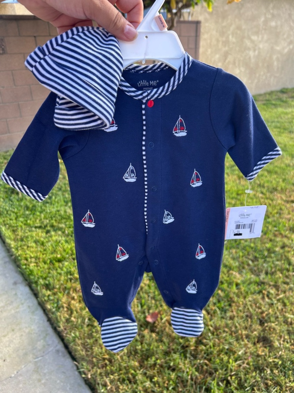 Little Me Navy Sailboat Footed One-Piece with Striped Hat